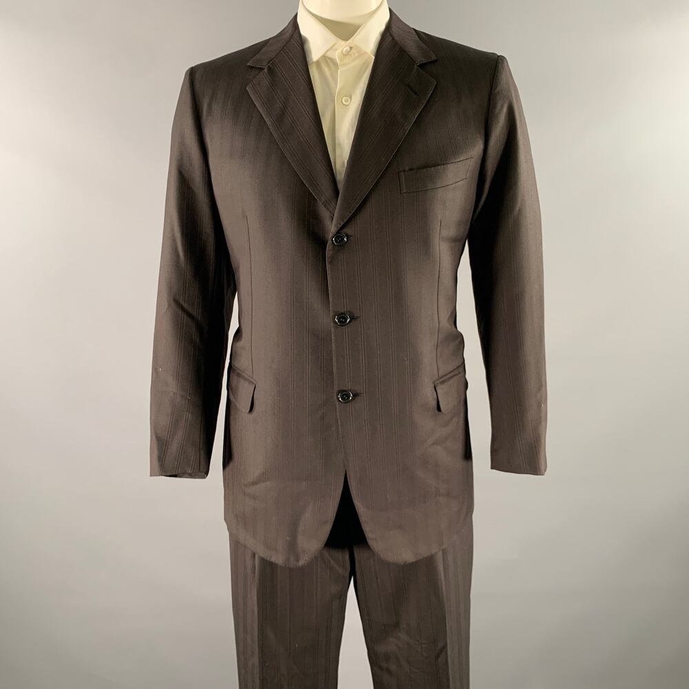 BRIONI Chest Size 46 Black Brown Stripe Wool Blend Notch Lapel Suit